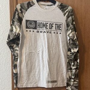 Home of the Brave Graphic Raglan Tee - Camo Sleeves